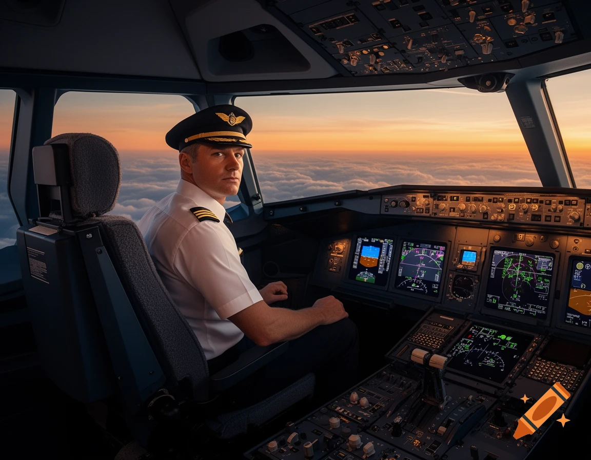 A pilot in uniform sits in an airplane cockpit at sunset, with clouds visible outside, photorealistic.