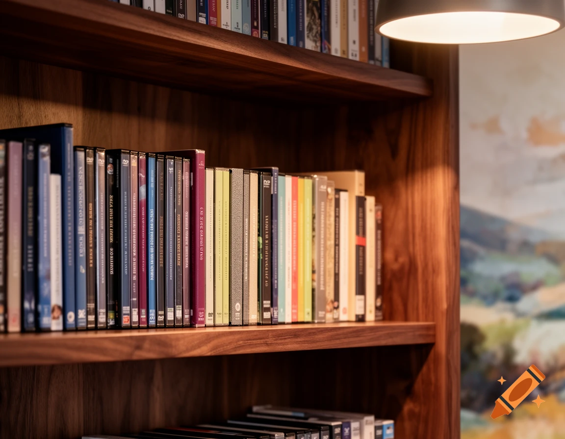 A close-up, warm-toned photograph of a wooden bookshelf filled with various books and DVD cases.