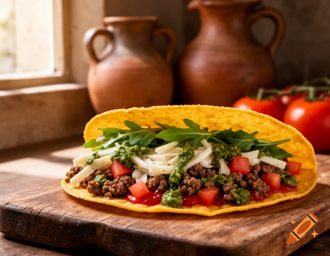A photorealistic Italian taco on a wooden board, filled with ground meat, cheese, tomatoes, arugula, and pesto, with rustic pottery in the background.