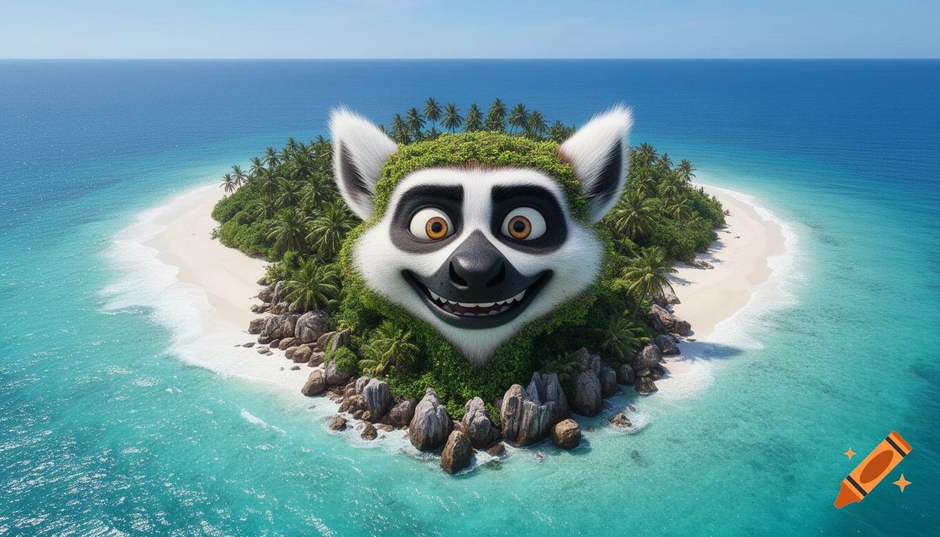 A cartoon tropical island shaped like King Julian's face with a sandy beach and palm trees, floating in a turquoise ocean.