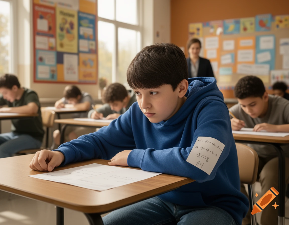 A young student in a blue hoodie looks intently at a test paper, with a cheat sheet containing math notes taped to their sleeve, in a classroom during an exam. Other students and a teacher are in the background.