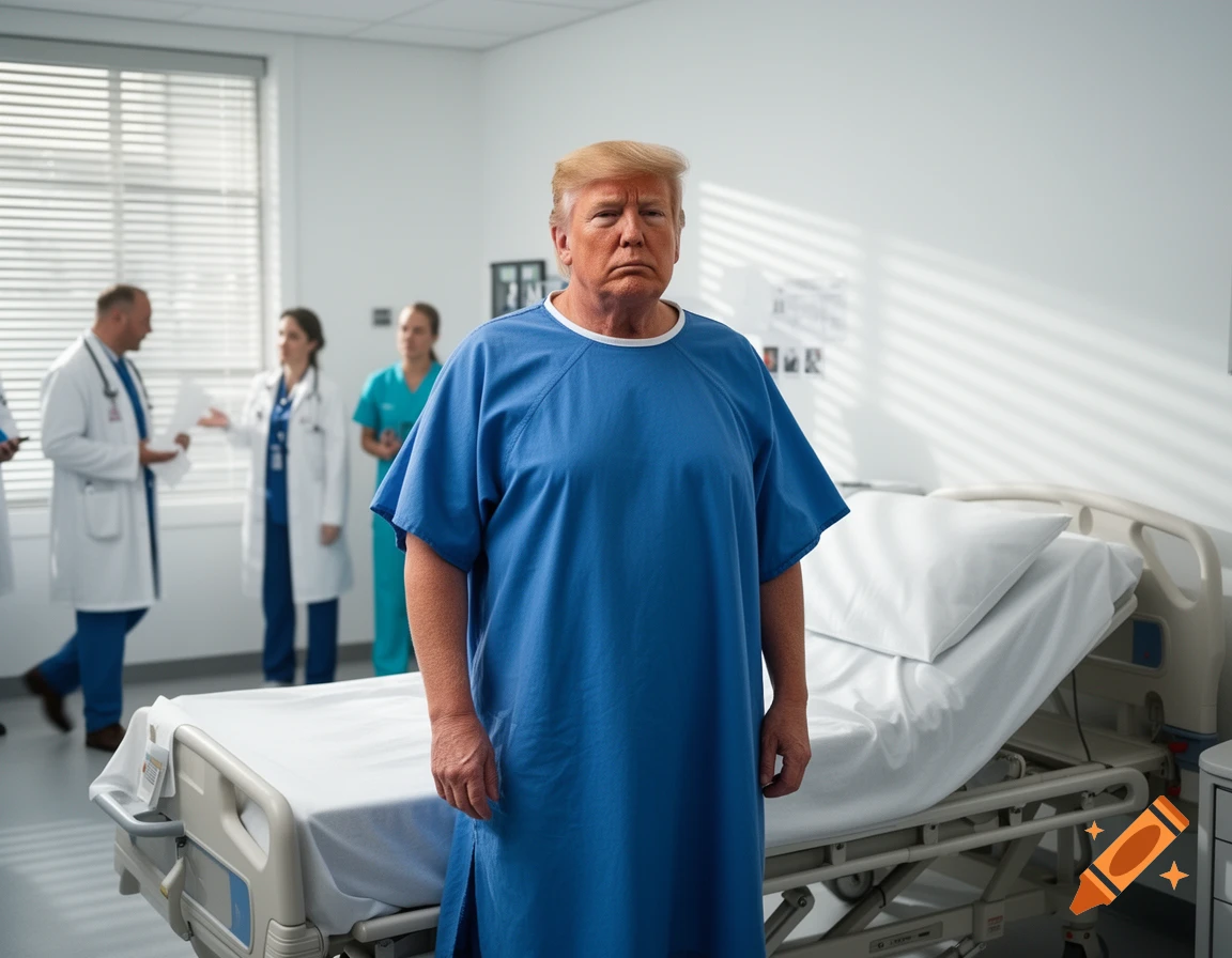 Donald Trump, wearing a blue hospital gown, stands by an empty hospital bed with medical staff in the background. Photorealistic style.