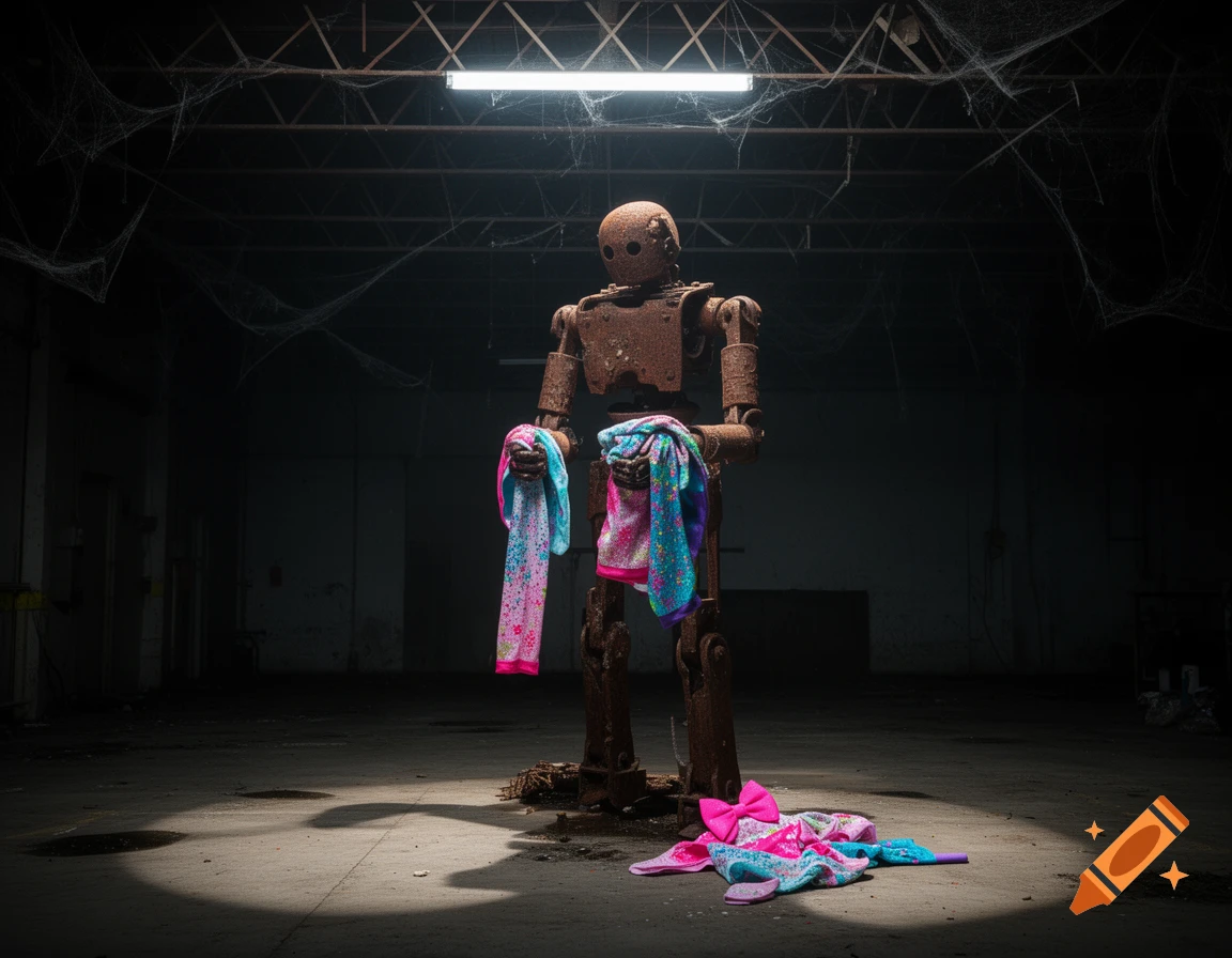 A rusty robot stands under a spotlight in a dark, cobwebbed abandoned warehouse, holding and dropping colorful Jojo Siwa-style clothing.