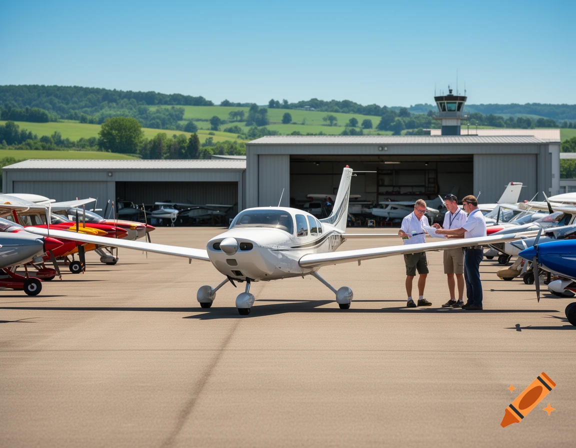 Three men on an airport tarmac discuss documents amidst several small planes, hangars, and a control tower.