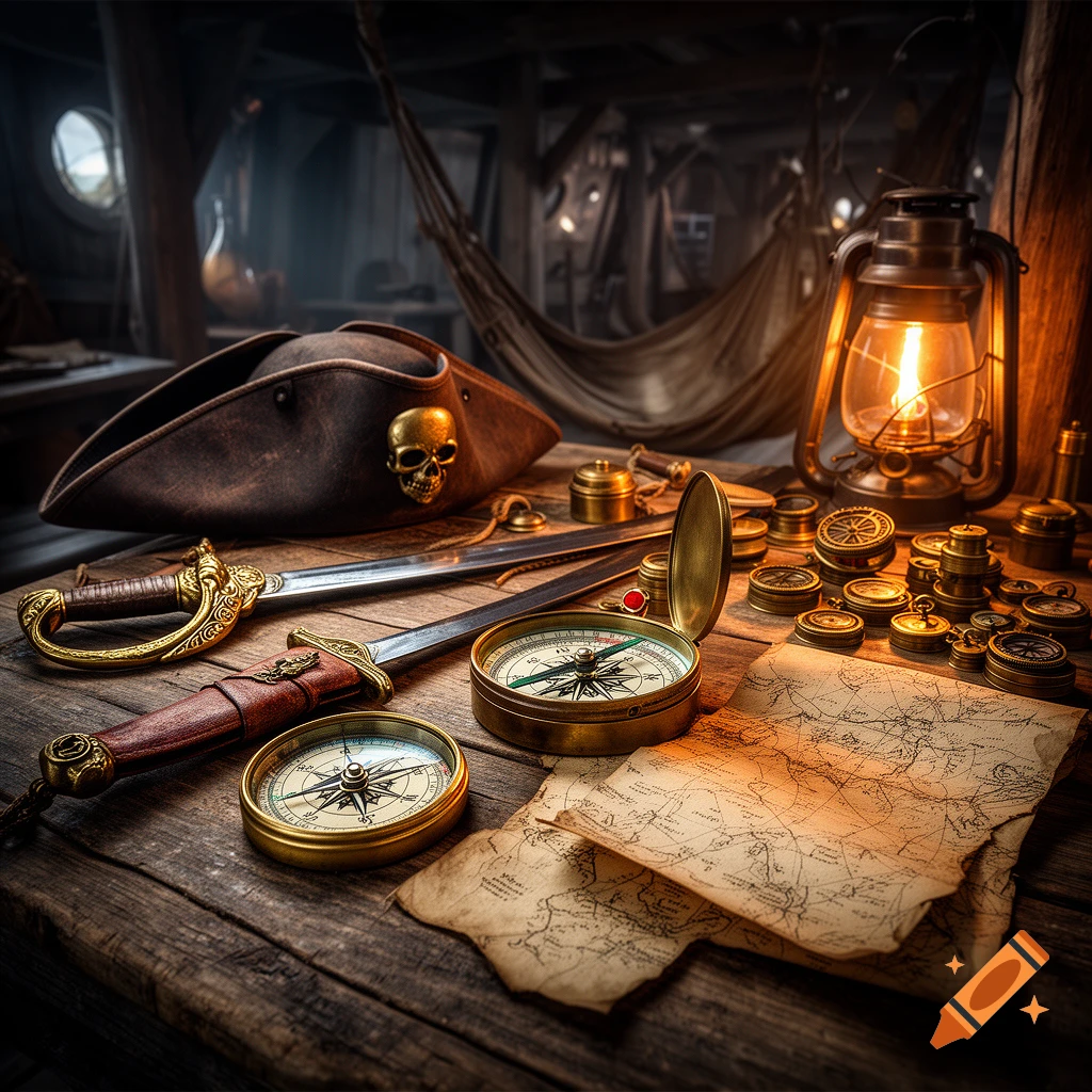 A still life of pirate accessories: a tricorne hat with a skull, swords, compasses, maps, and a lit lantern on a rustic wooden table inside a ship.