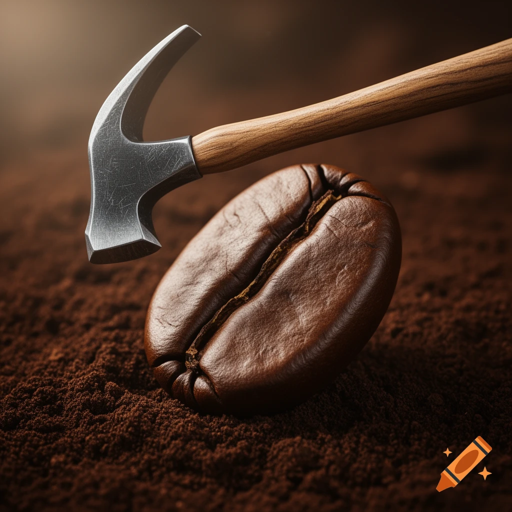 A photorealistic image of a pickaxe poised above a large coffee bean resting on ground coffee.