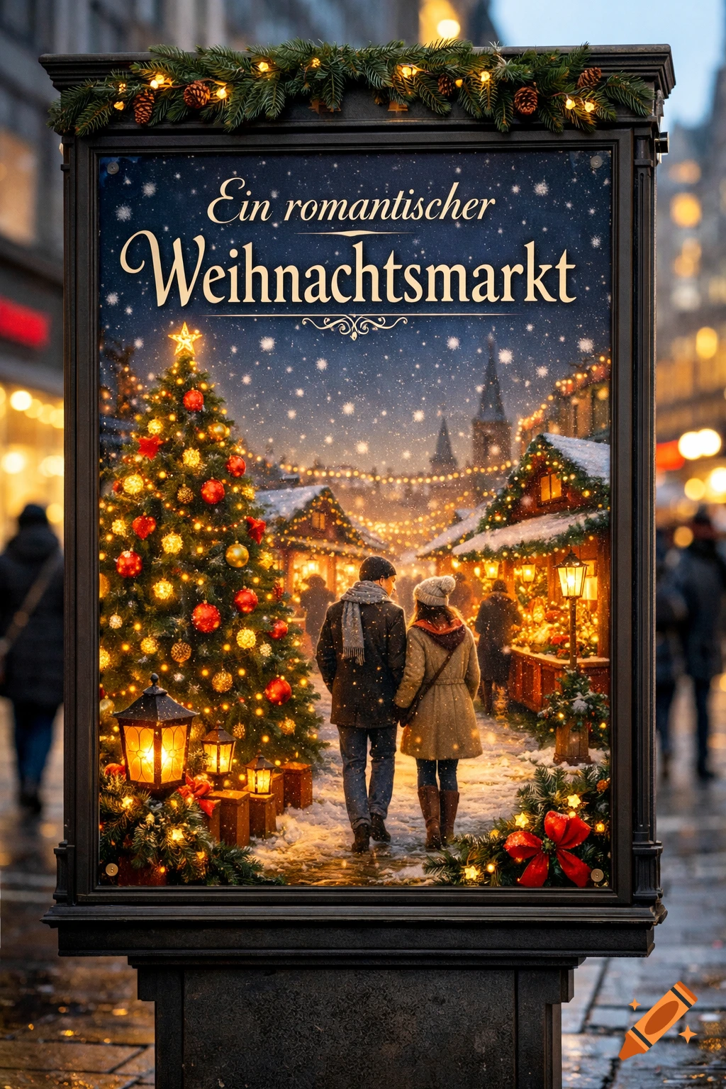 A street billboard features a vibrant, snowy Christmas market with a couple, glowing stalls, and a decorated tree. Text: "Ein romantischer Weihnachtsmarkt".