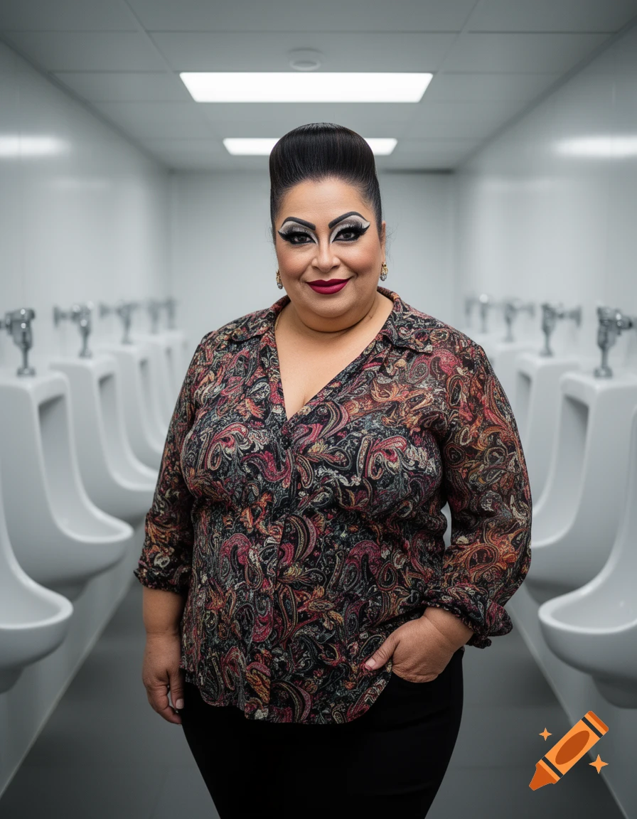 A smiling person with bold drag makeup and a patterned blouse stands in a long restroom with rows of urinals.