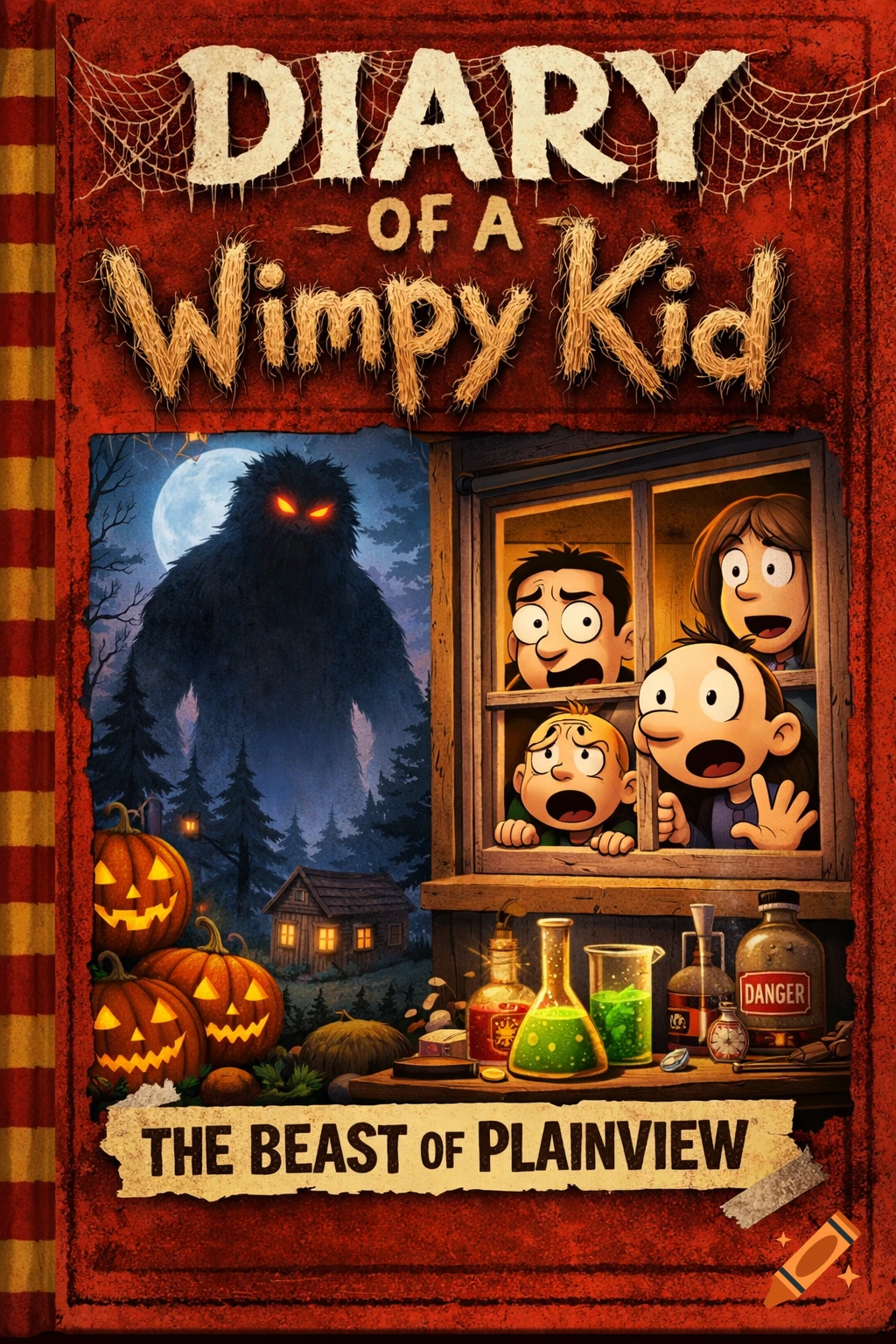 Cartoon book cover for 'Diary of a Wimpy Kid: The Beast of Plainview' showing scared kids looking out a window at a giant monster and jack-o'-lanterns.