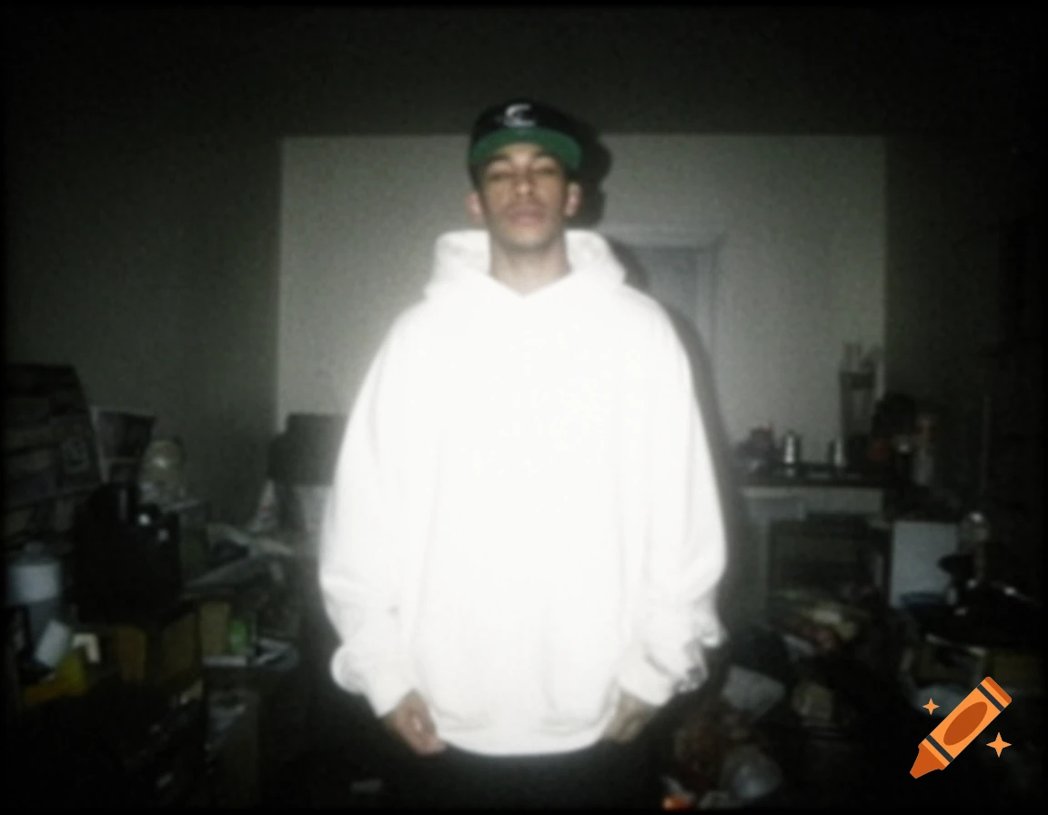 A person in a white hoodie and black cap stands in a dark, grainy room with a bright direct flash, giving it a lo-fi aesthetic.