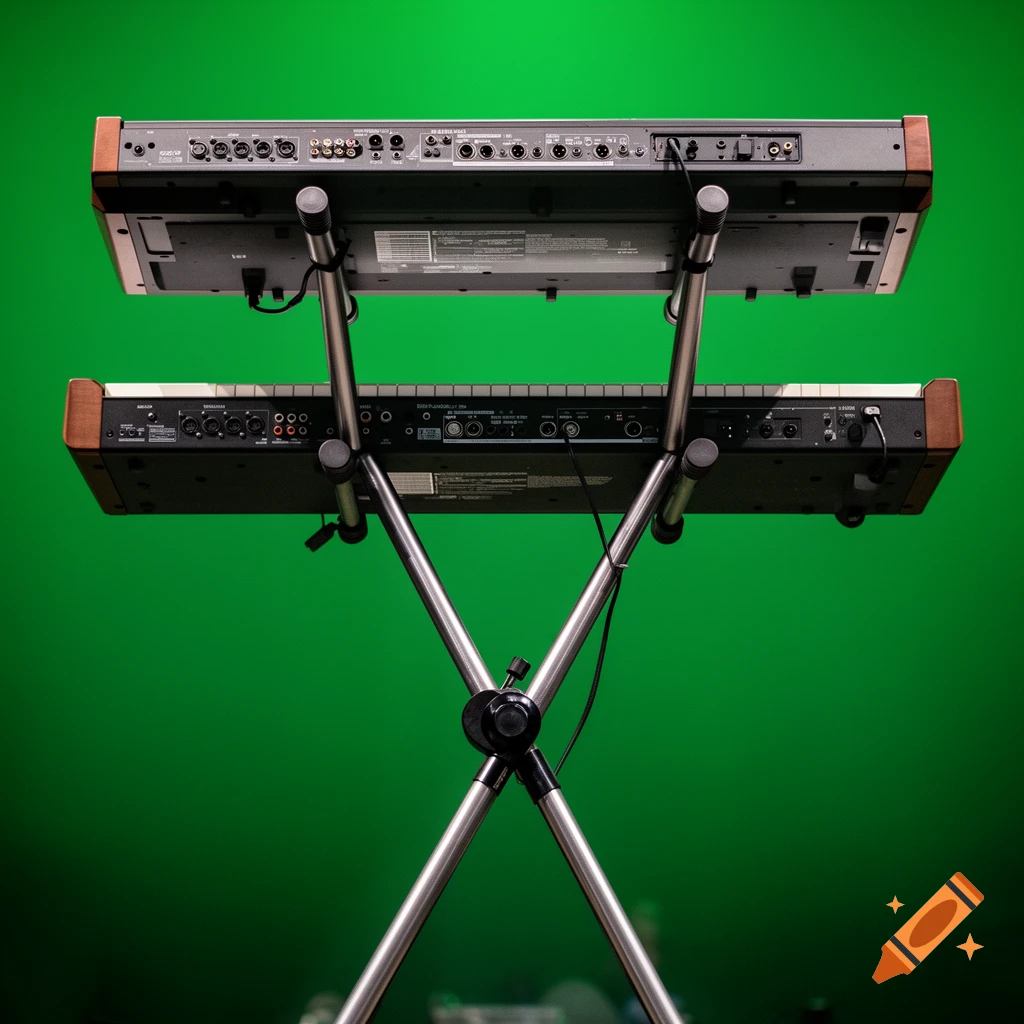 Rear view of two electronic keyboards stacked on a double-tier stand, with cables connected, against a green background.