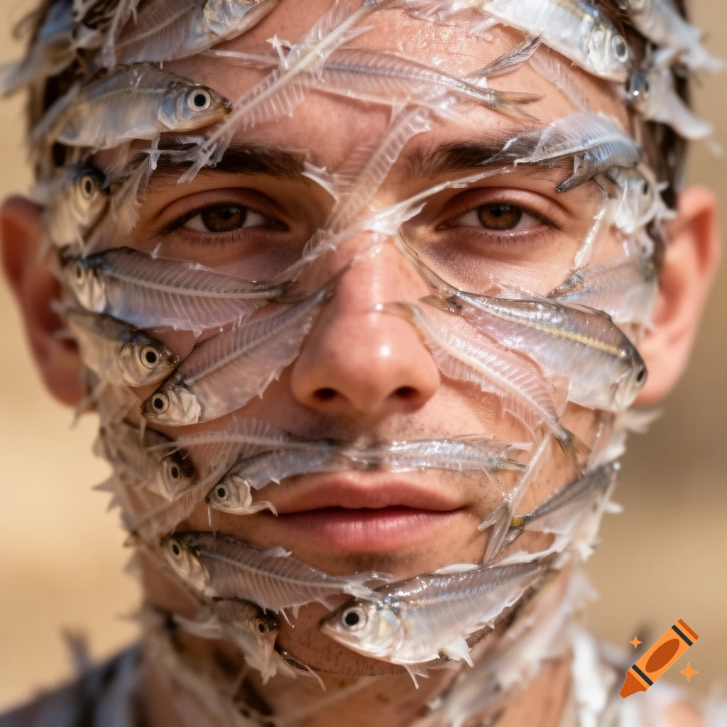 Close-up of a person's face covered in numerous translucent fish skeletons and small fish.