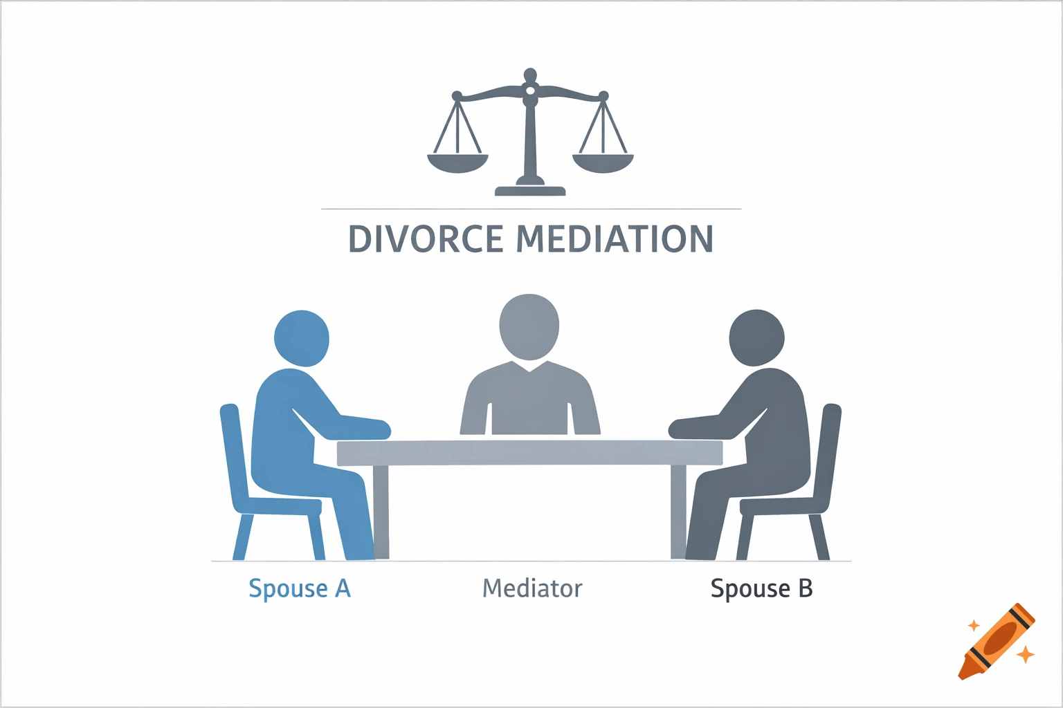 Iconic illustration of divorce mediation with three figures at a table, labeled Spouse A, Mediator, and Spouse B, beneath scales of justice.