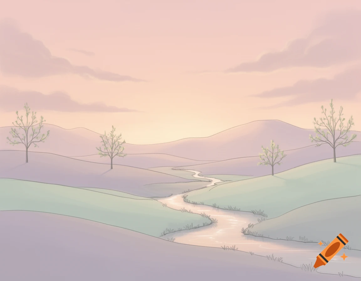 A simplistic pastel drawing of a serene landscape with a winding river, rolling hills, and trees under a pink and orange sky.