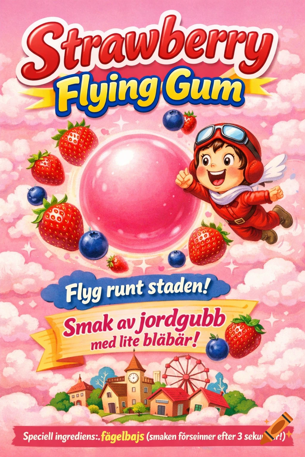 A bright pink cartoon candy advertisement poster for 'Strawberry Flying Gum', with a person flying around a giant bubble gum ball, surrounded by strawberries and blueberries, above a whimsical city.