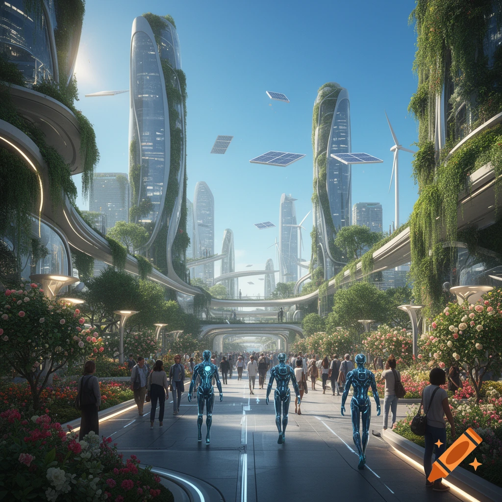 A vibrant futuristic city with plant-covered skyscrapers, flying solar panels, wind turbines, and people walking alongside glowing robots.