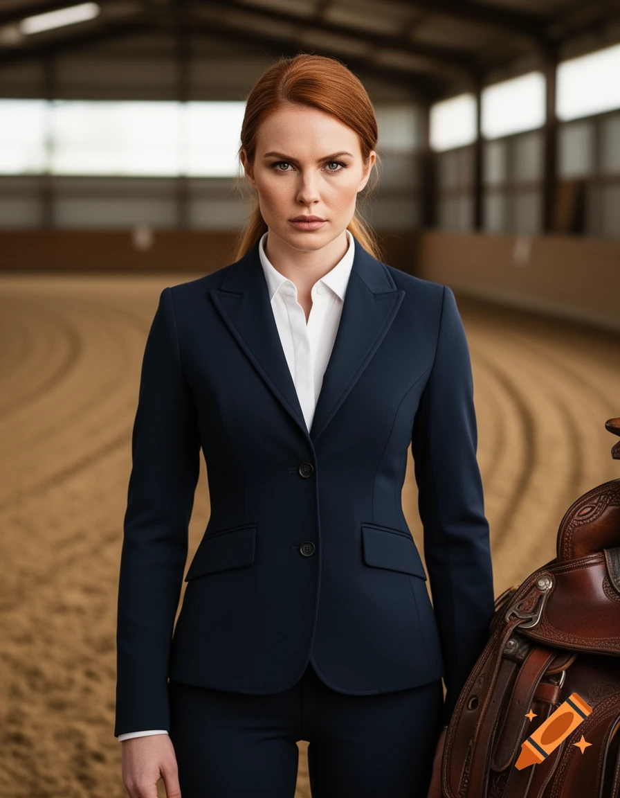 Photorealistic portrait of a red-haired woman in a dark blue suit, standing sternly in an equestrian arena with a saddle beside her.