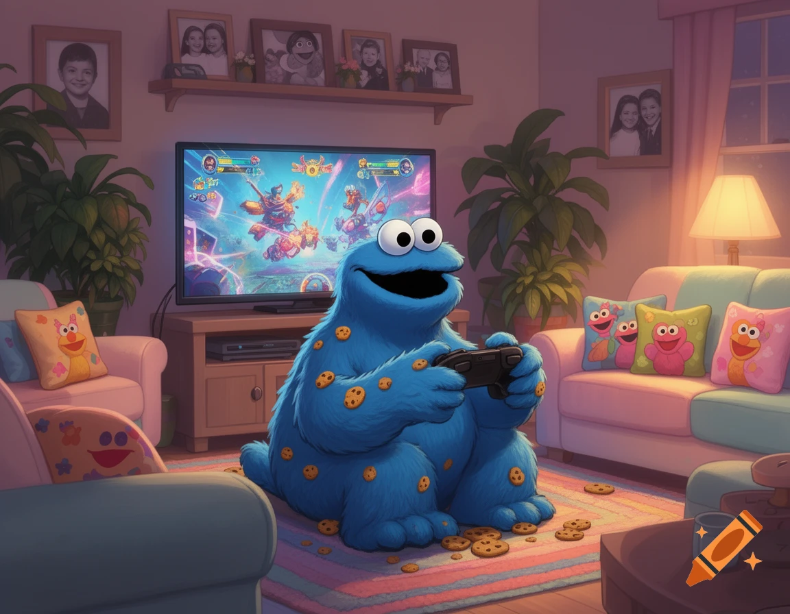 Cookie Monster sits on a rug, playing a video game on a large TV in a cozy living room filled with cookies.