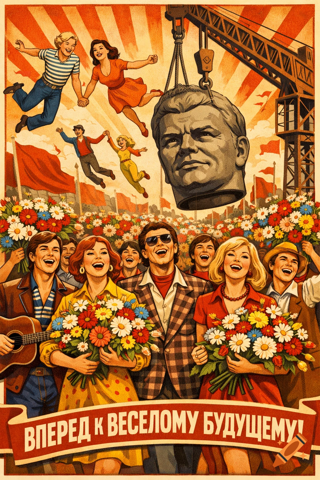 Retro Soviet-style propaganda poster showing cheering people with flowers and a statue head by a crane, with Cyrillic text.