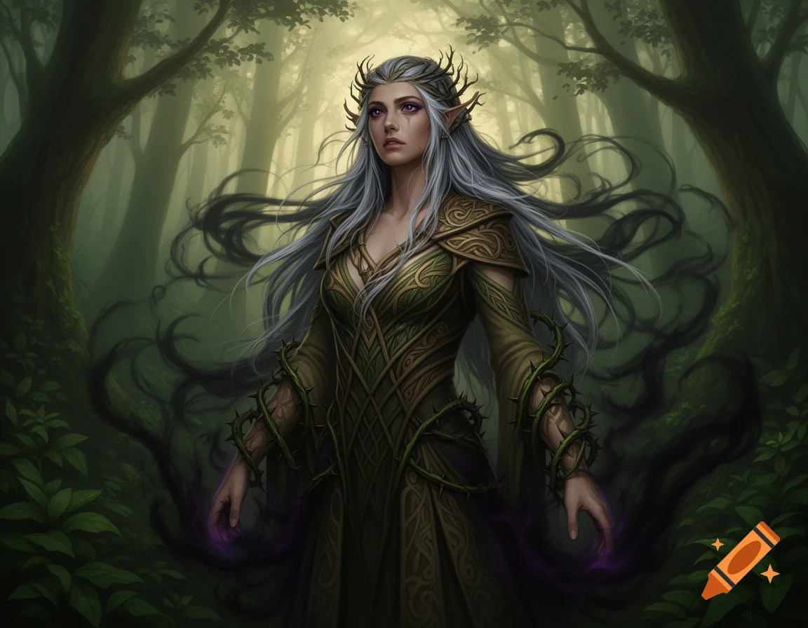 A mystical female arch druid with white hair and purple eyes, wearing a green vine-like dress with thorns, stands in a dark forest.