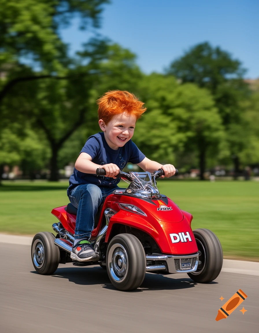 A smiling red-haired boy rides a red toy ATV with 'NYK' and 'DIH' labels on a paved path in a park.