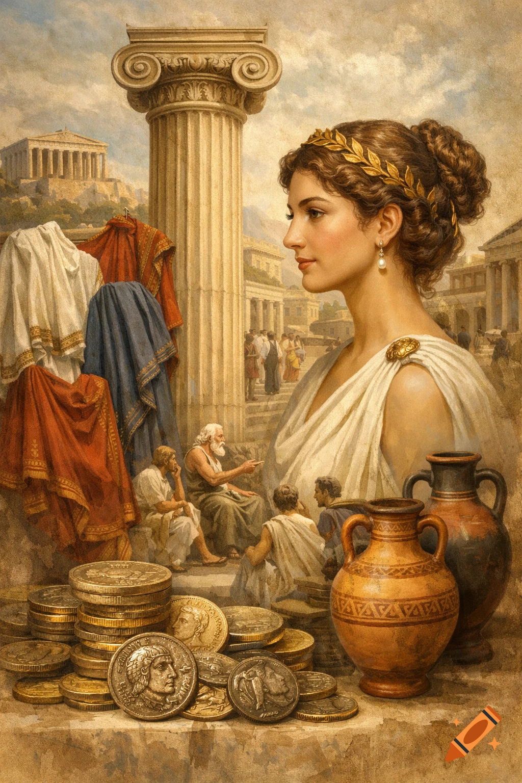 Classical painting of an ancient Greek woman, coins, vases, and column with distant Parthenon.