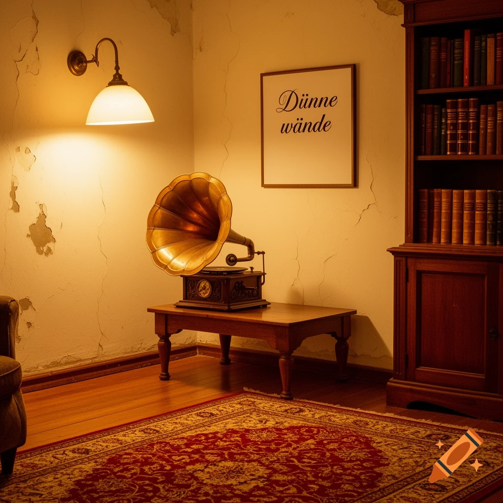 A dimly lit vintage room with a gramophone, a bookshelf, and a framed picture saying "Dünne w":