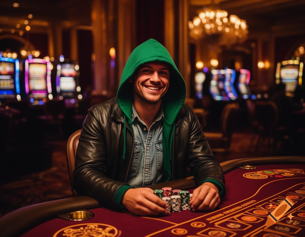 A smiling man in a green hoodie and leather jacket sits at a red casino table with gambling chips, slot machines blurred in the background.