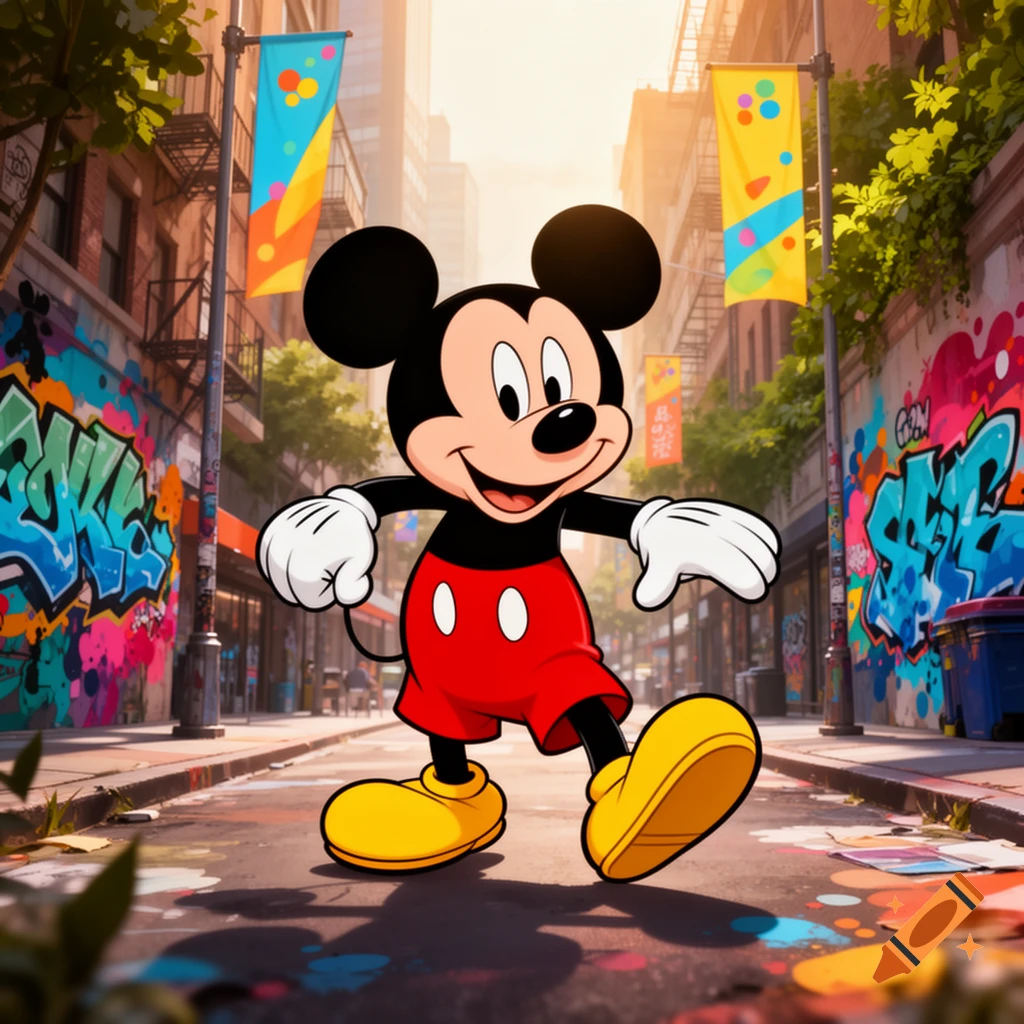 Mickey Mouse walking down a colorful graffiti-covered urban street with buildings and banners under a sunny sky.