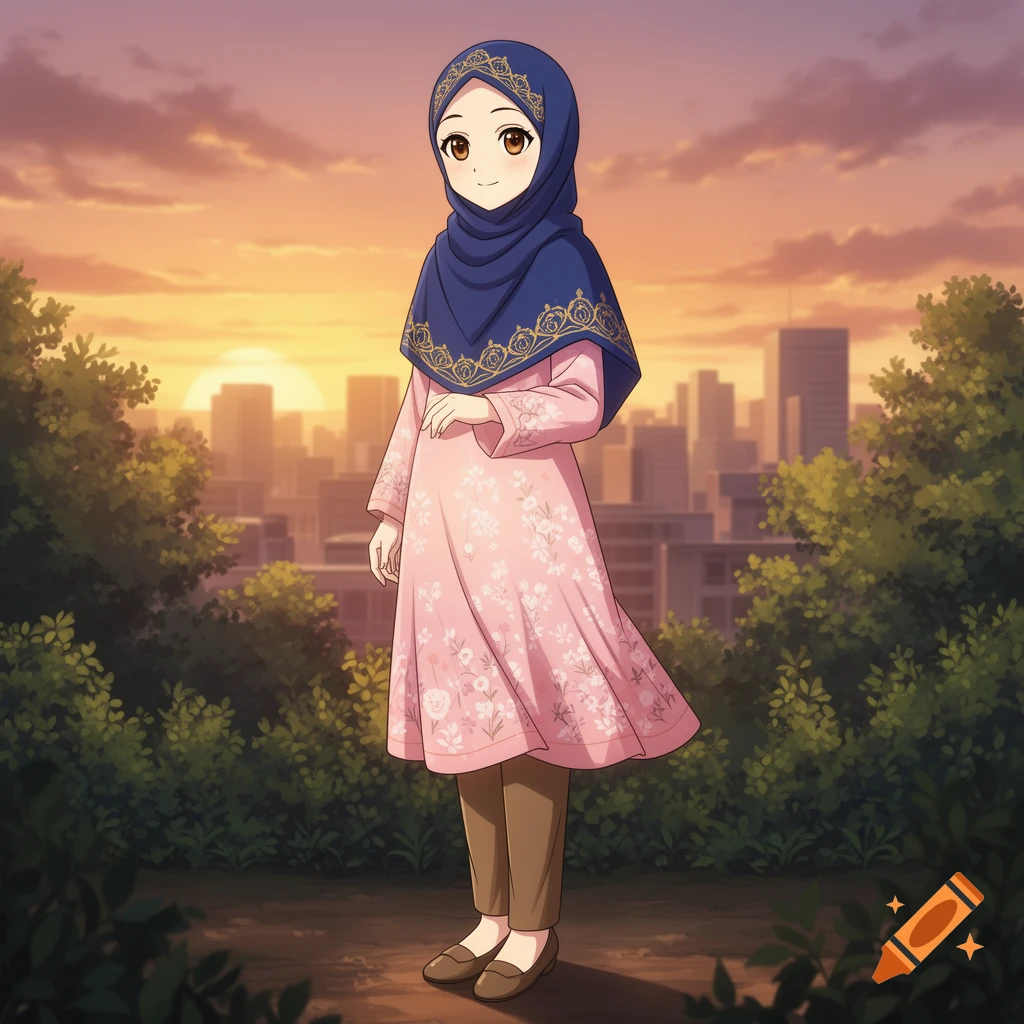 An anime girl in a blue hijab with gold patterns and a pink floral dress stands outdoors with a city skyline at sunset.