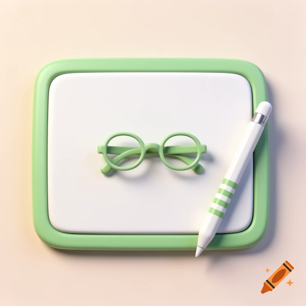 A cute 3D render of green round eyeglasses on a white pad with a green-striped white pencil beside it.