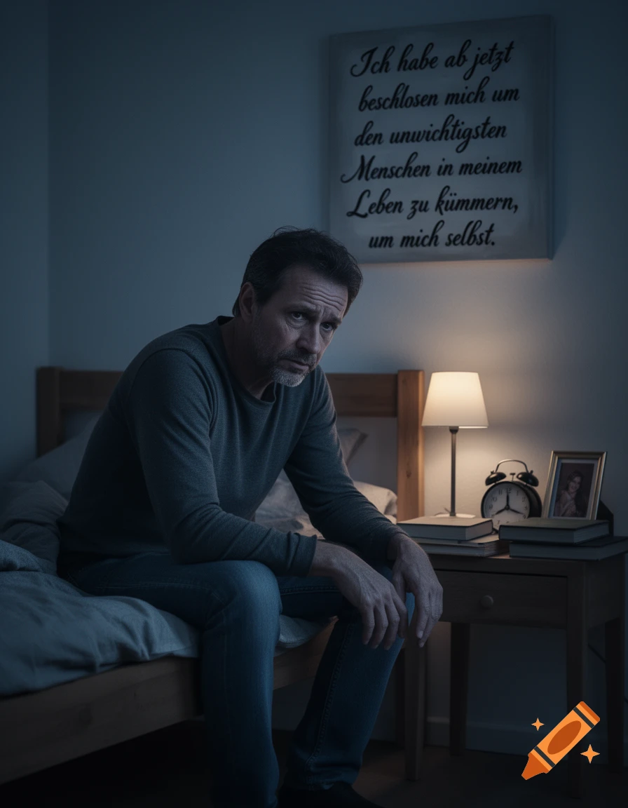 Photorealistic image of a tired, sad man sitting on a bed in a dark bedroom next to a nightstand, with a German text sign on the wall.