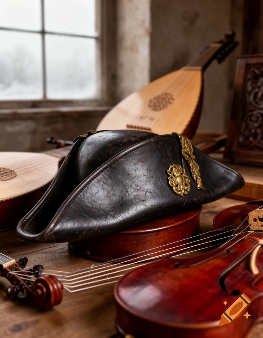 A dark leather tricorn hat with gold embellishments rests on a wooden base among various stringed musical instruments, with a window in the background.
