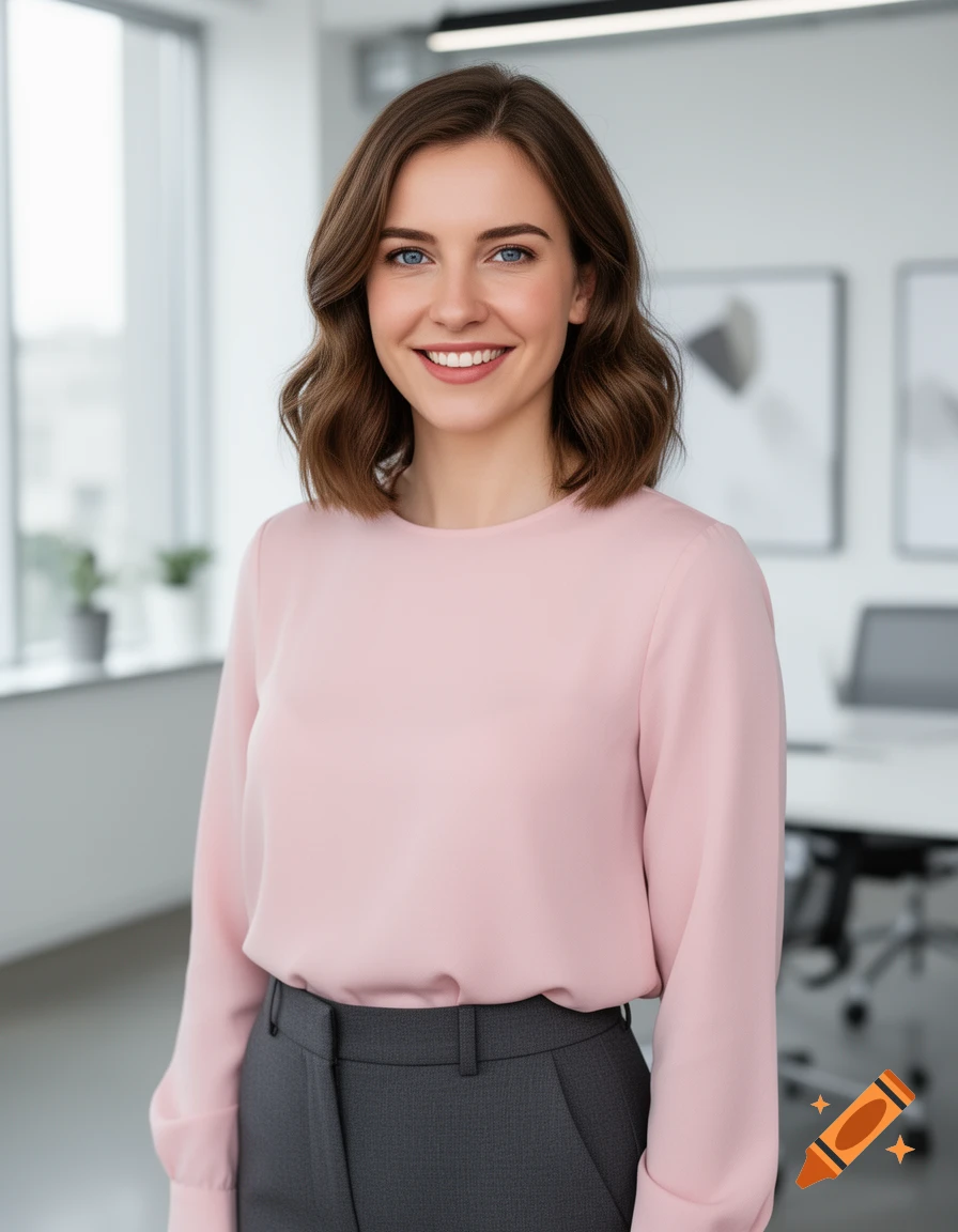 A smiling confident woman with brown wavy hair and blue eyes, wearing a pink blouse and gray pants, stands in a modern office.