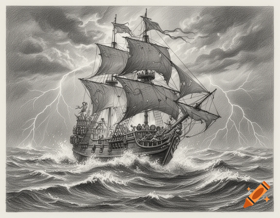 A detailed pencil drawing of a pirate ship sailing through a turbulent, lightning-filled storm on rough seas.