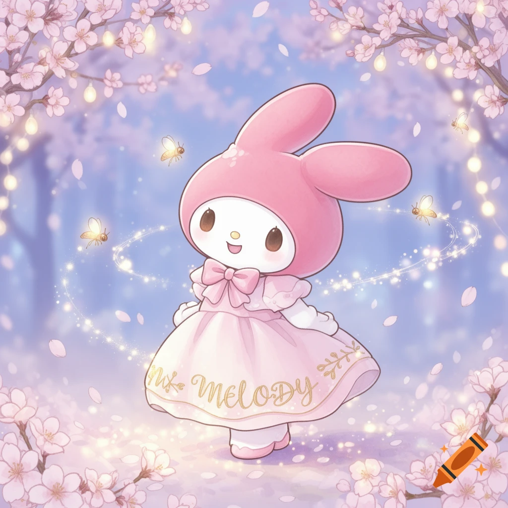 My Melody in a pink dress, standing amidst glowing cherry blossoms and fireflies against a light blue background, stylized illustration.