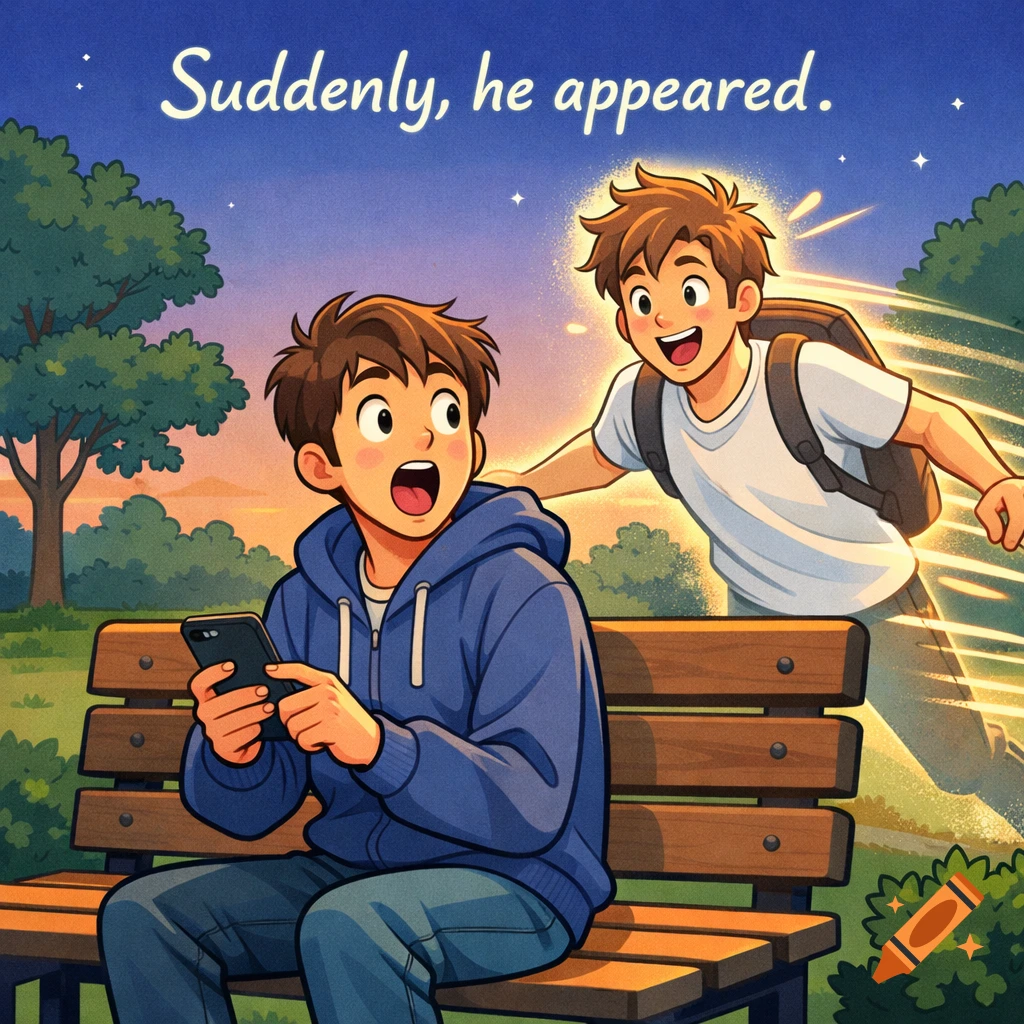 A surprised boy on a park bench looking at his friend who suddenly appeared behind him, in a colorful cartoon style.