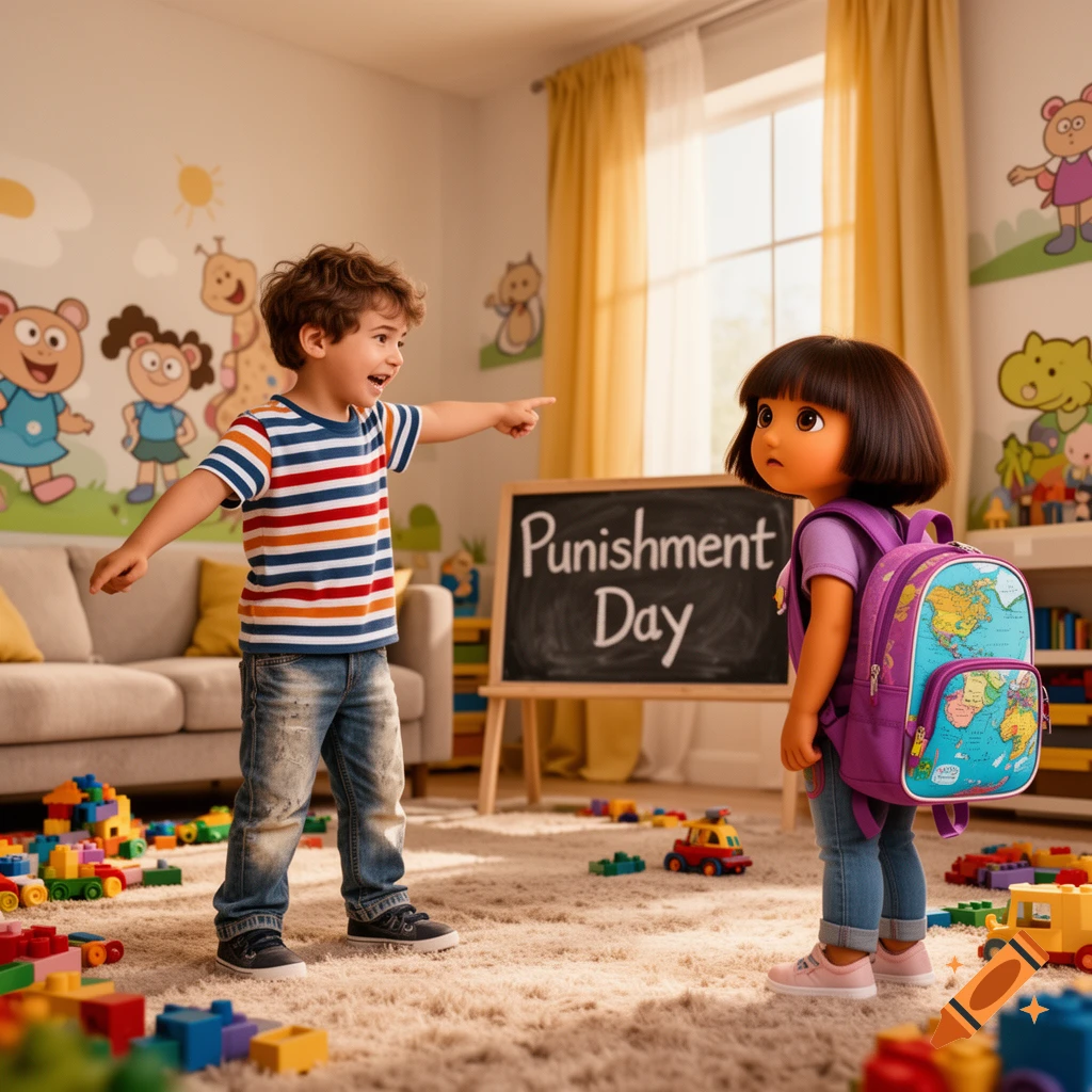 A boy points at a Dora character with a backpack, standing in a bright, toy-filled room with a chalkboard sign that says 'Punishment Day'.
