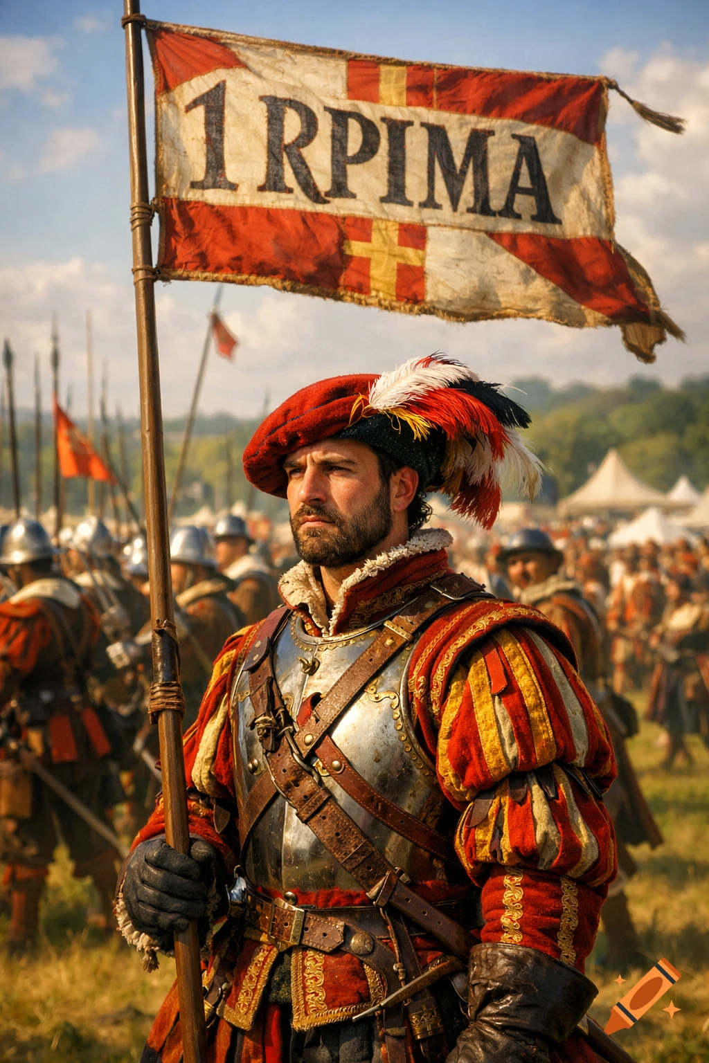 A photorealistic depiction of a 16th-century soldier in ornate armor and a feathered beret, holding a flag that reads "1 RPIMA".