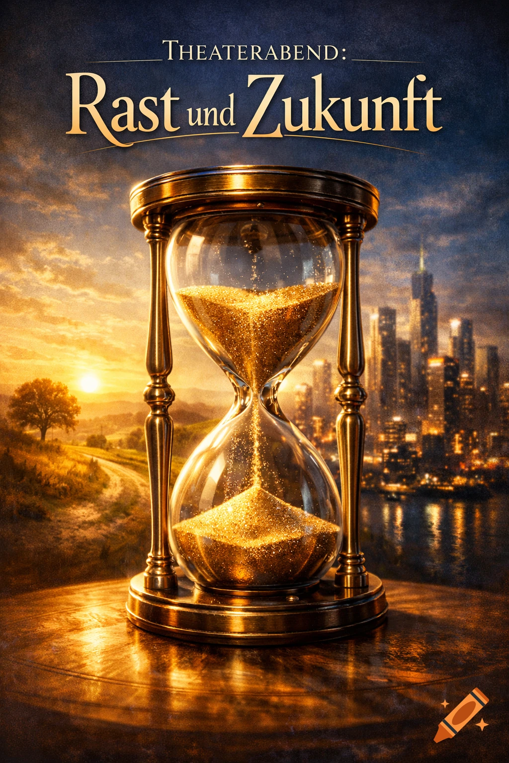 A photorealistic poster with a golden hourglass, contrasting a rural sunset landscape with a modern city skyline. Text reads 'THEATERABEND: Rast und Zukunft'.