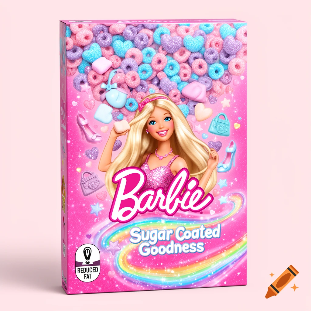 Pink Barbie cereal box with a smiling Barbie doll, colorful heart and donut-shaped cereal, and 'Sugar Coated Goodness' text.