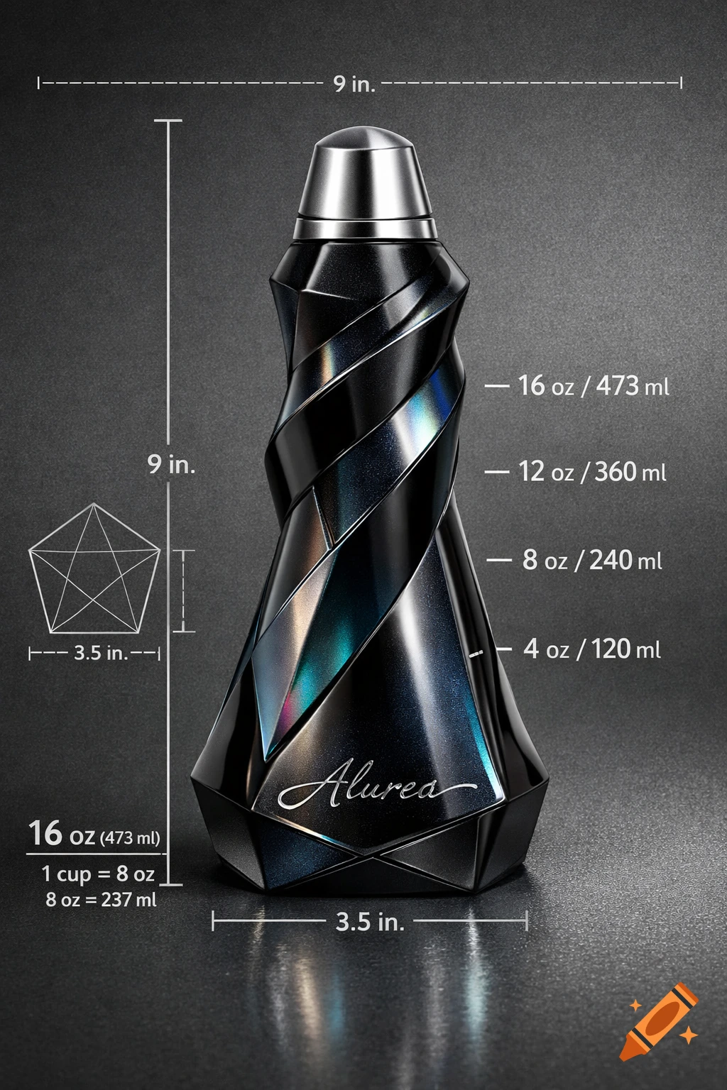 A sleek, black, twisted container with a metallic cap, displayed with white measurement lines and text for dimensions and volume on a dark gray background.