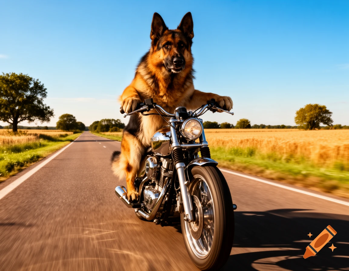 A photorealistic German Shepherd dog rides a classic motorcycle down a country road past golden fields under a blue sky.