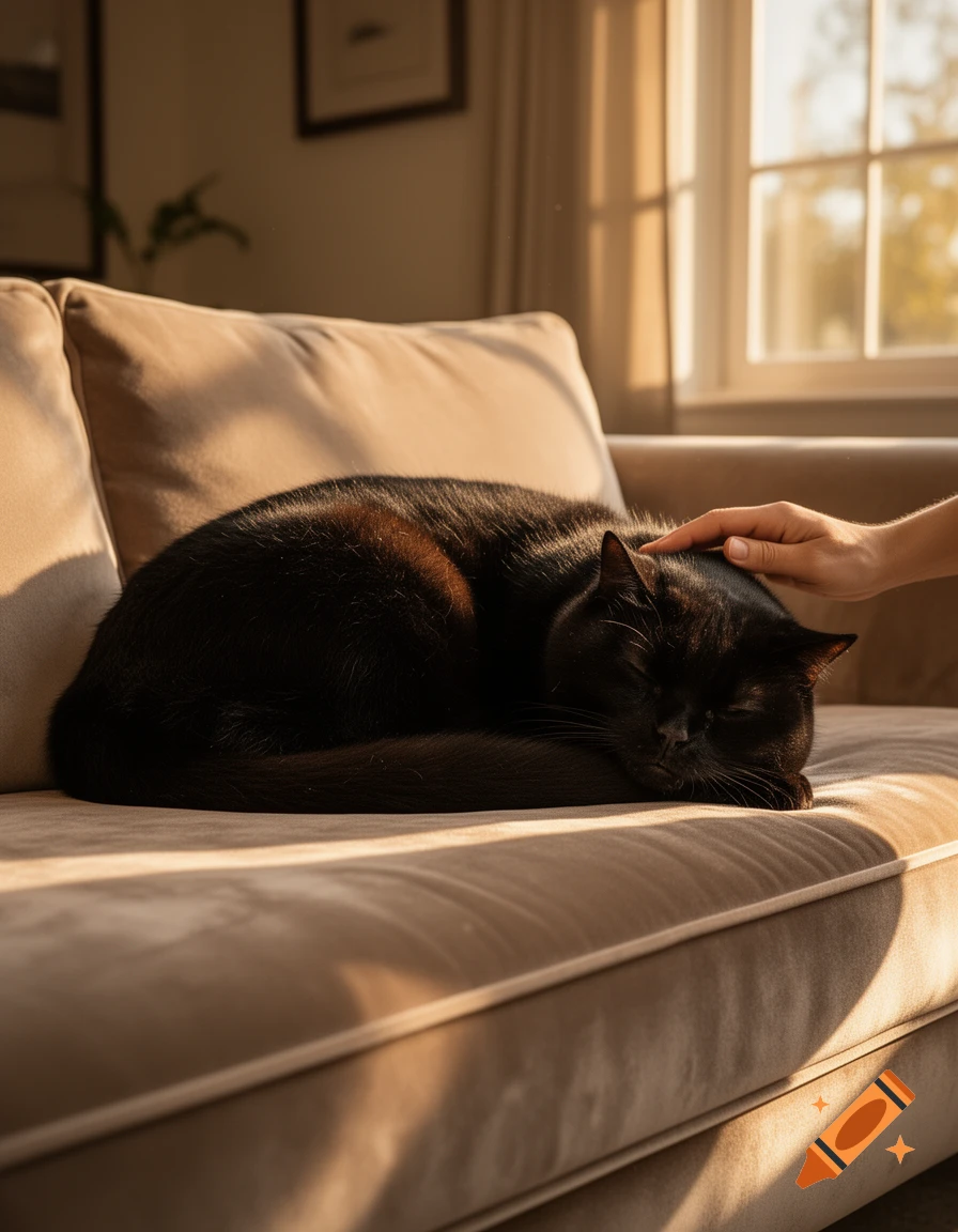 A black cat sleeps curled up on a light brown couch, bathed in warm sunlight, while a hand gently pets its head in a photorealistic style.