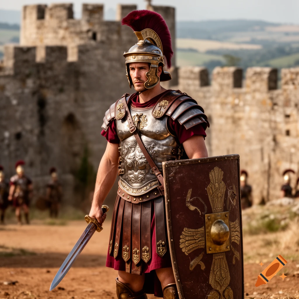 A photorealistic Roman centurion in full armor, holding a sword and shield, stands before a stone fortress.