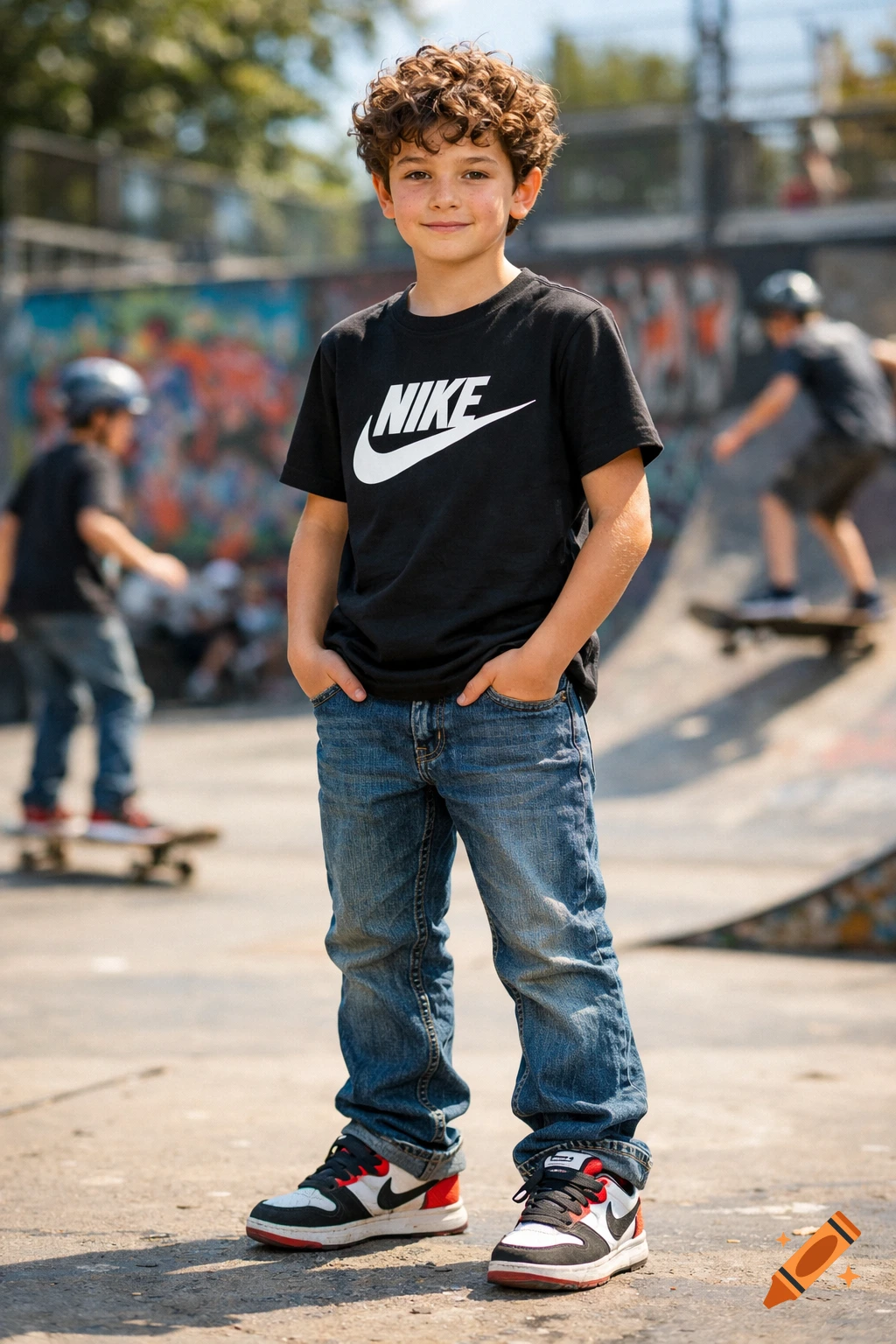 A young boy with curly hair in a black Nike t-shirt and jeans stands in a skatepark, with skateboarders in the background.