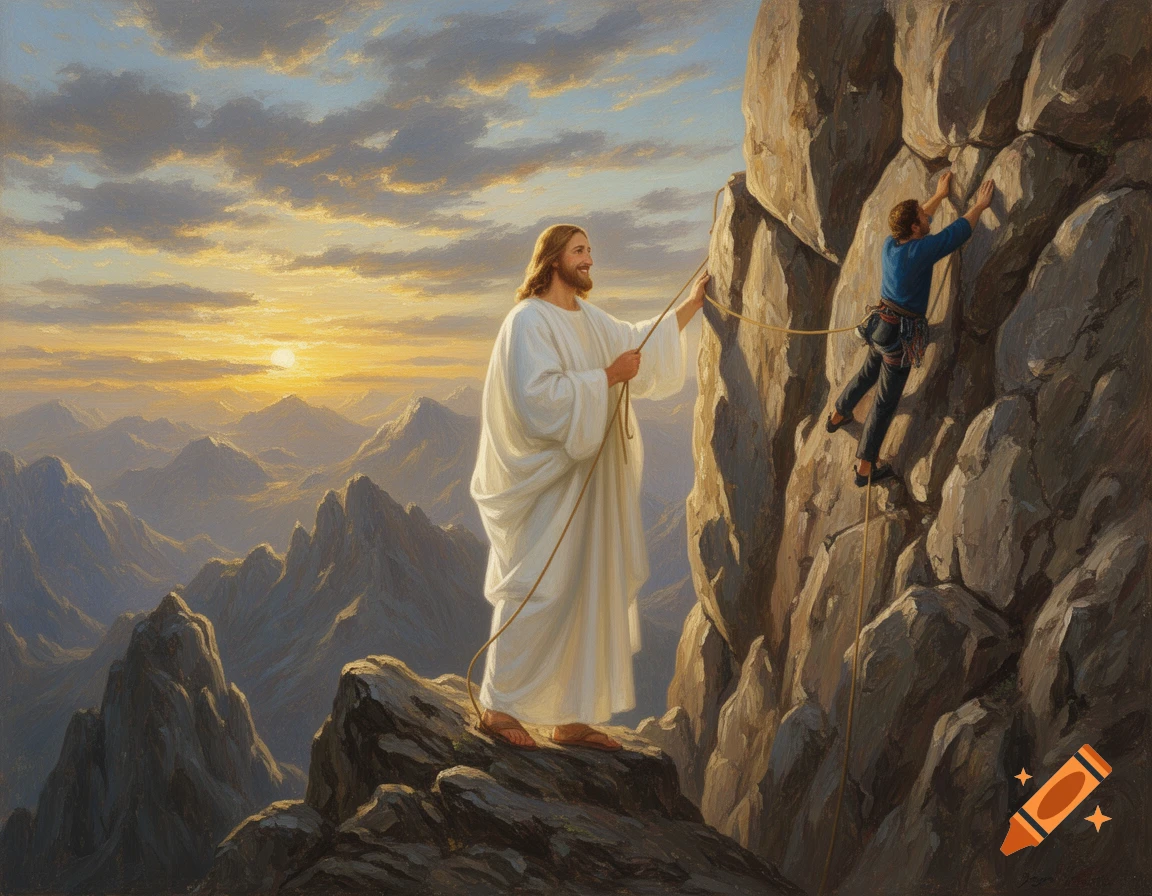 Jesus in white robes belays a rock climber on a dramatic mountain cliff at sunset, in oil painting style.