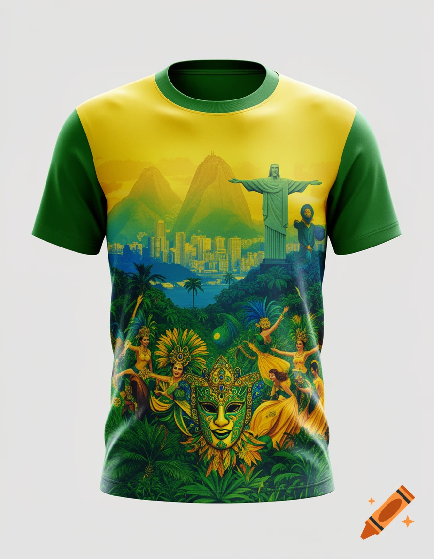 Vibrant green and yellow Brazil-themed T-shirt with Christ the Redeemer, Rio de Janeiro skyline, carnival dancers, and a large mask.