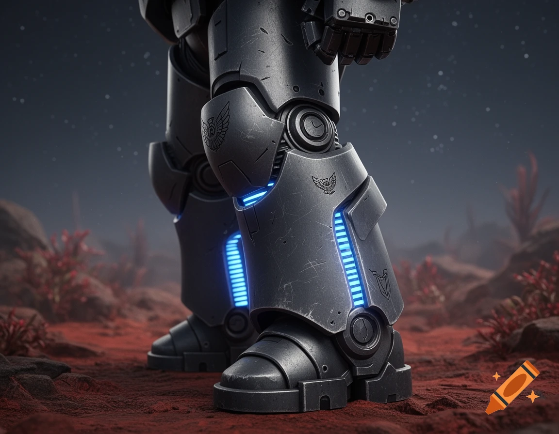A close-up of a dark metallic space marine leg with glowing blue accents standing on a reddish alien planet surface.