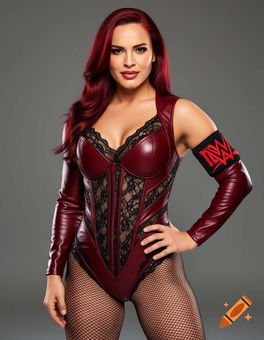 A woman with red hair in a dark red leather and black lace bodysuit with fishnet stockings and a black armband with a red logo poses in a studio.